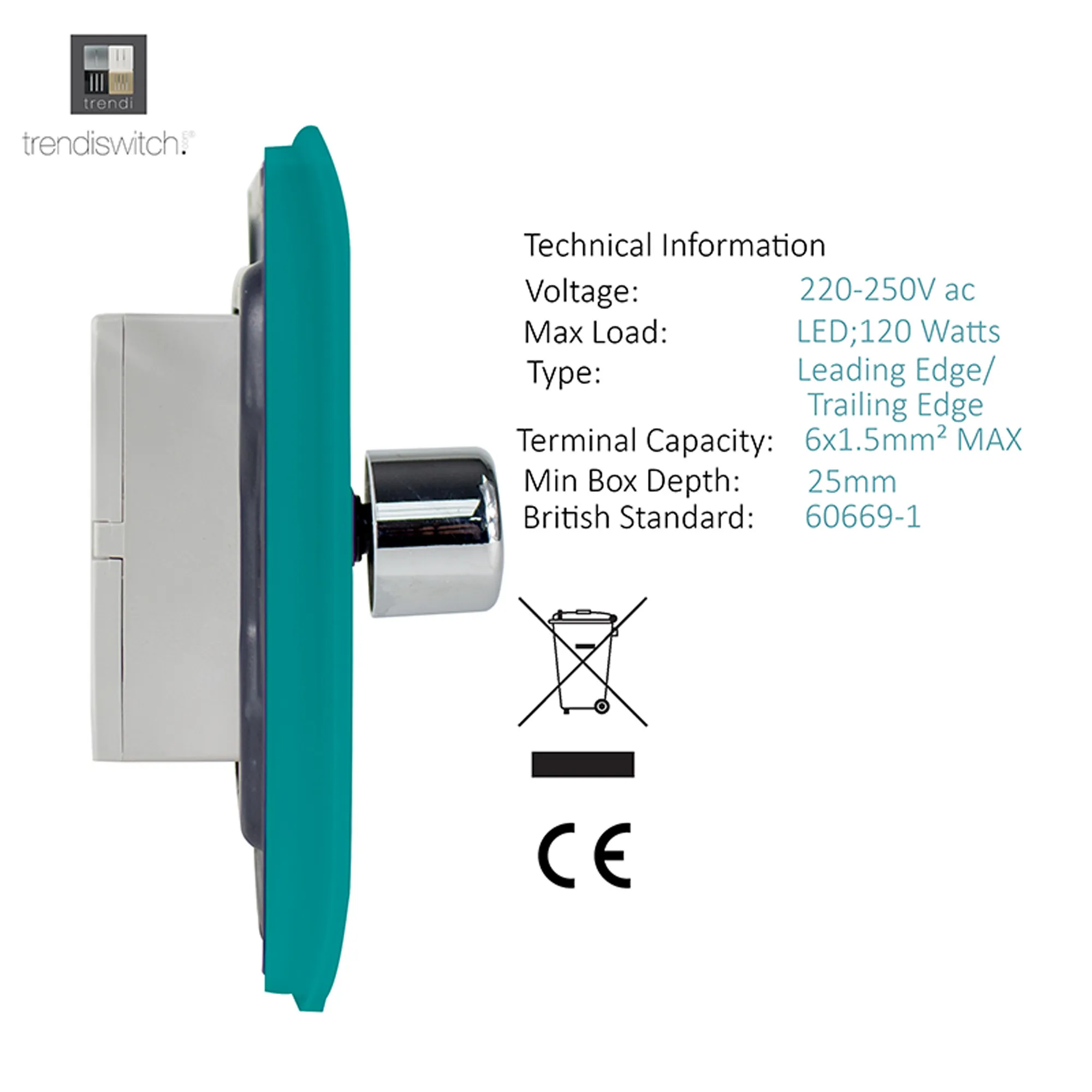 1 Gang 1 Way LED Dimmer Switch Bright Teal ART-LDMBT  Trendi Bright Teal